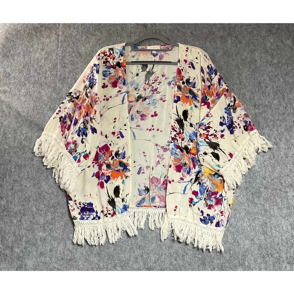 Umgee Kimono Blouse Womens Medium Multicolor Floral Fringe Boho Open Top Beach